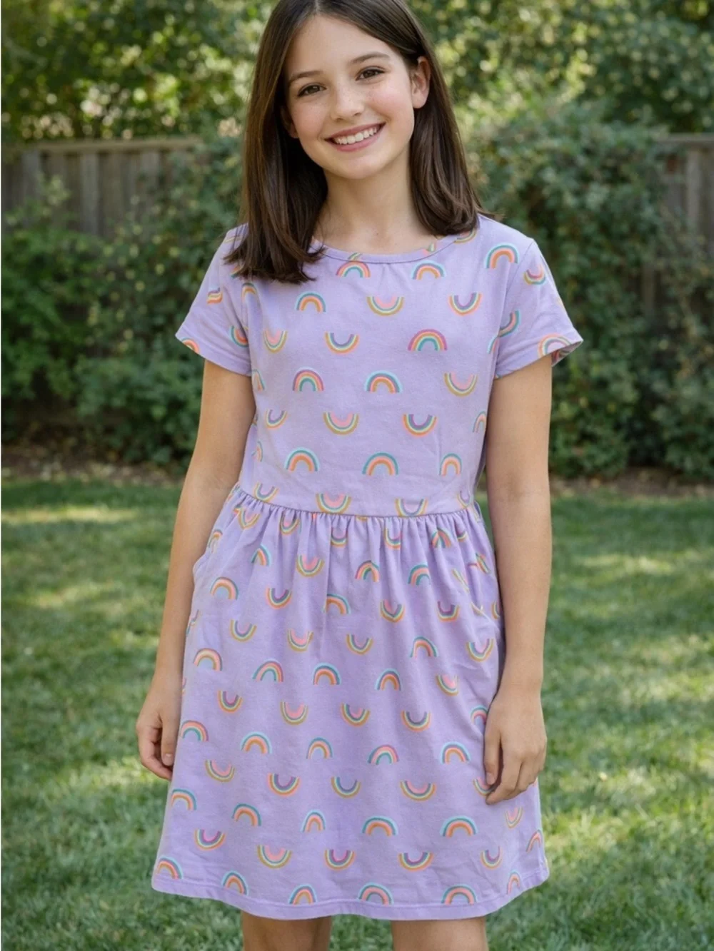 Cat & Jack Girls Lavender Rainbow Short Sleeve Dress Cotton Pocket Mid Length XL